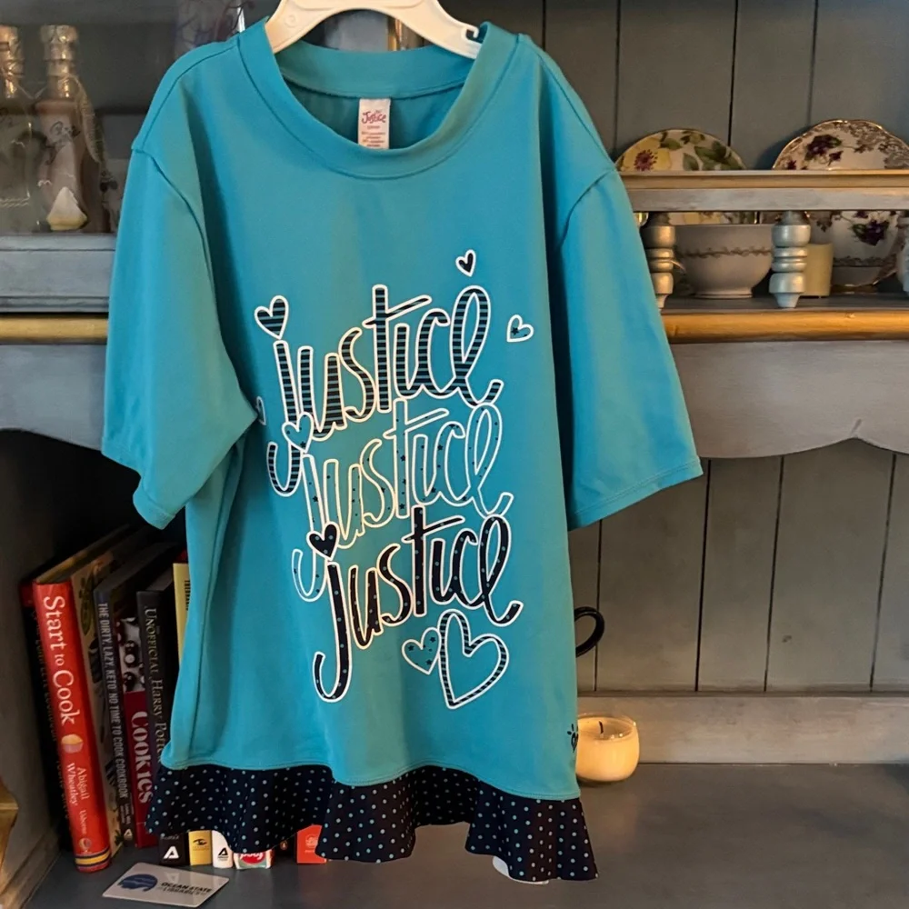 Justice swim shirt Teal Graphic Tee with Navy Polka Dot Hem